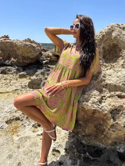 Zielono-Różowa Sukienka Oversize 10329-116-B|Modna Kiecka Clearance