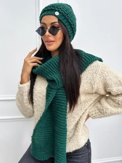 Zielony Komplet Czapka z Pomponem + Szalik 13304-334-H|Modna Kiecka Clearance
