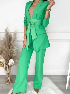 Zielony Komplet Marynarka + Spodnie 9613-346-F|Modna Kiecka Fashion
