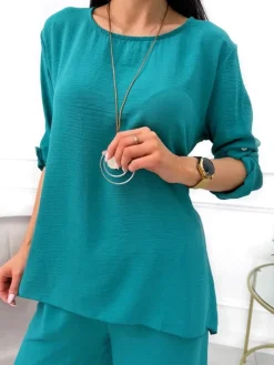 Zielony Luźny Komplet z Ozdobnym Wisiorkiem 13572-272-I|Modna Kiecka Best