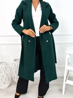 Zielony Płaszcz z Guzikami i Paskiem 11044-339-E|Modna Kiecka Discount
