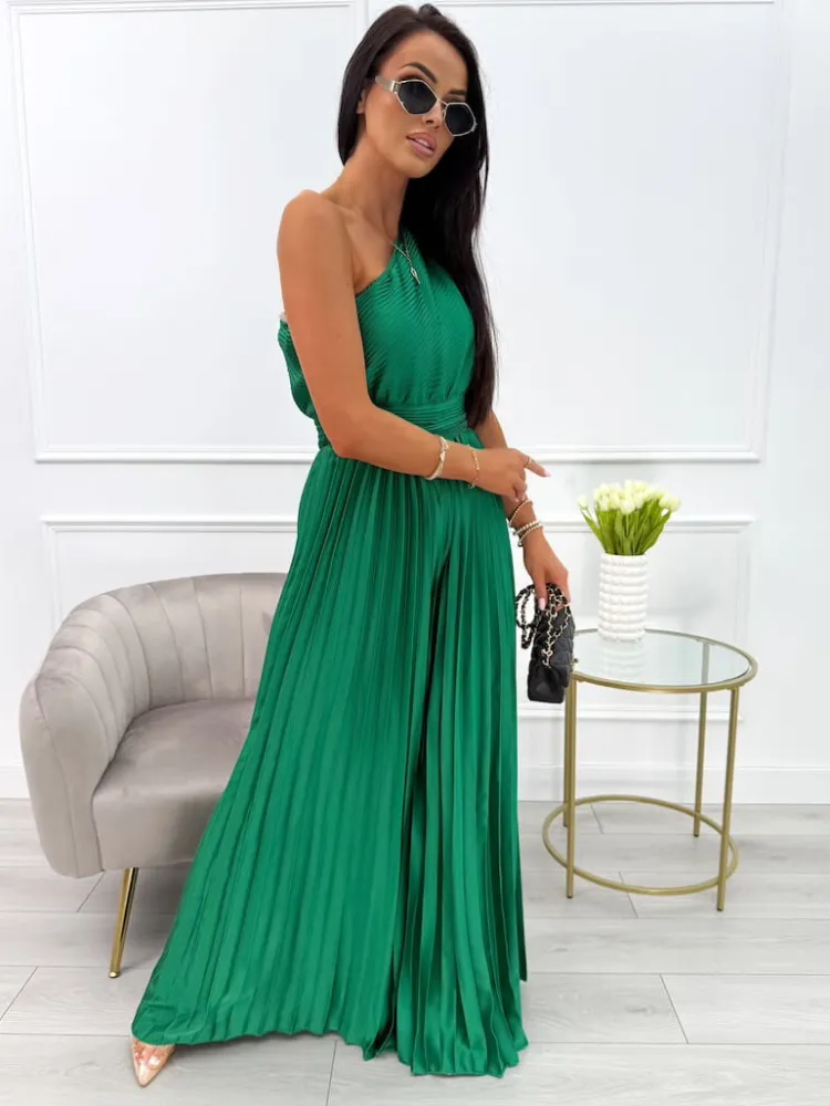 Zielony Plisowany Kombinezon na Jedno Ramię 13955-290-C|Modna Kiecka Outlet