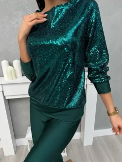 Zielony Połyskujący Komplet Bluzka + Spodnie 13421-124-B|Modna Kiecka Clearance