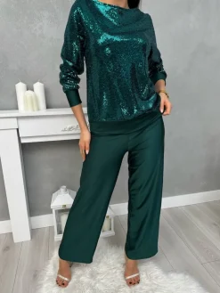 Zielony Połyskujący Komplet Bluzka + Spodnie 13421-124-B|Modna Kiecka Clearance