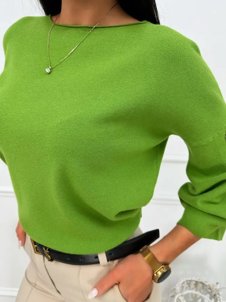 Zielony Sweterek z Ozdobnym Rękawem 13443-199-I|Modna Kiecka Discount