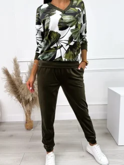 Zielony Welurowy Komplet w Liście 10698-316-Q|Modna Kiecka Outlet